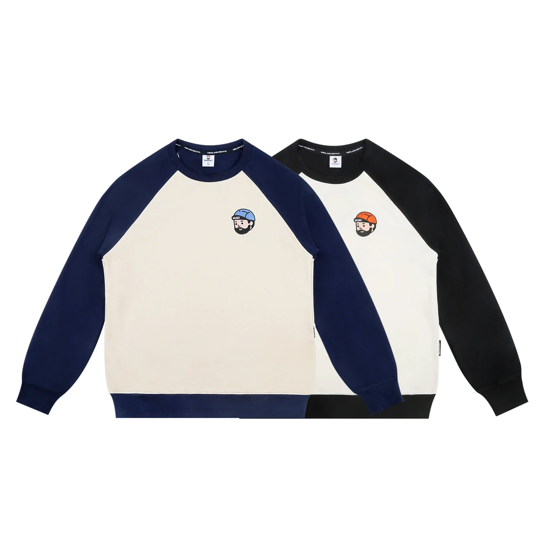 MMLABCREW MR.MAi 刺绣秋冬休闲黑色藏青撞色圆领长袖插肩卫衣