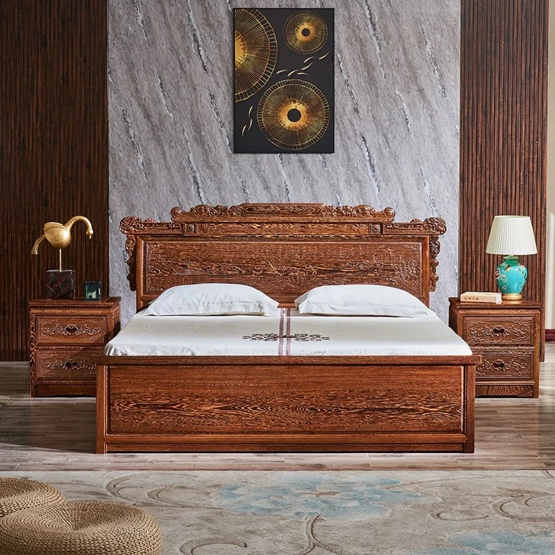 红木家具鸡翅木兰亭大床双人床实木床古典中式雕花红木床高箱婚床