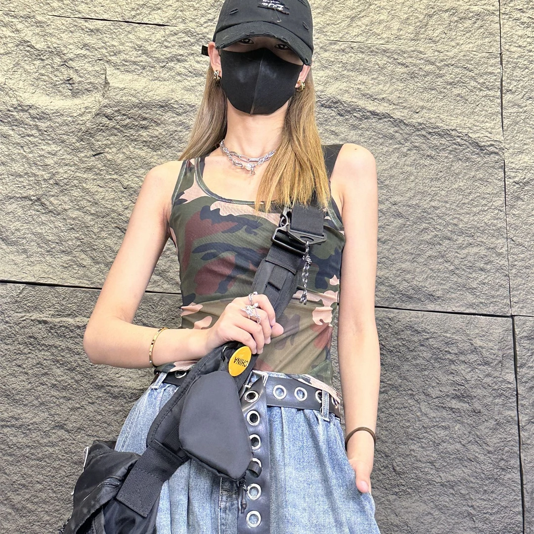 欧美夏季迷彩网纱背心吊带背心夏露背性感辣妹必备运动时尚户外