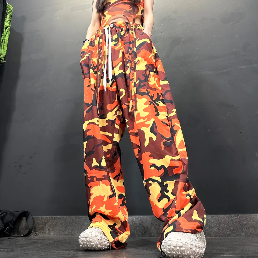 十三姨百搭撞色嘻哈工装迷彩裤女宽松显瘦hiphop街舞帅气长裤潮
