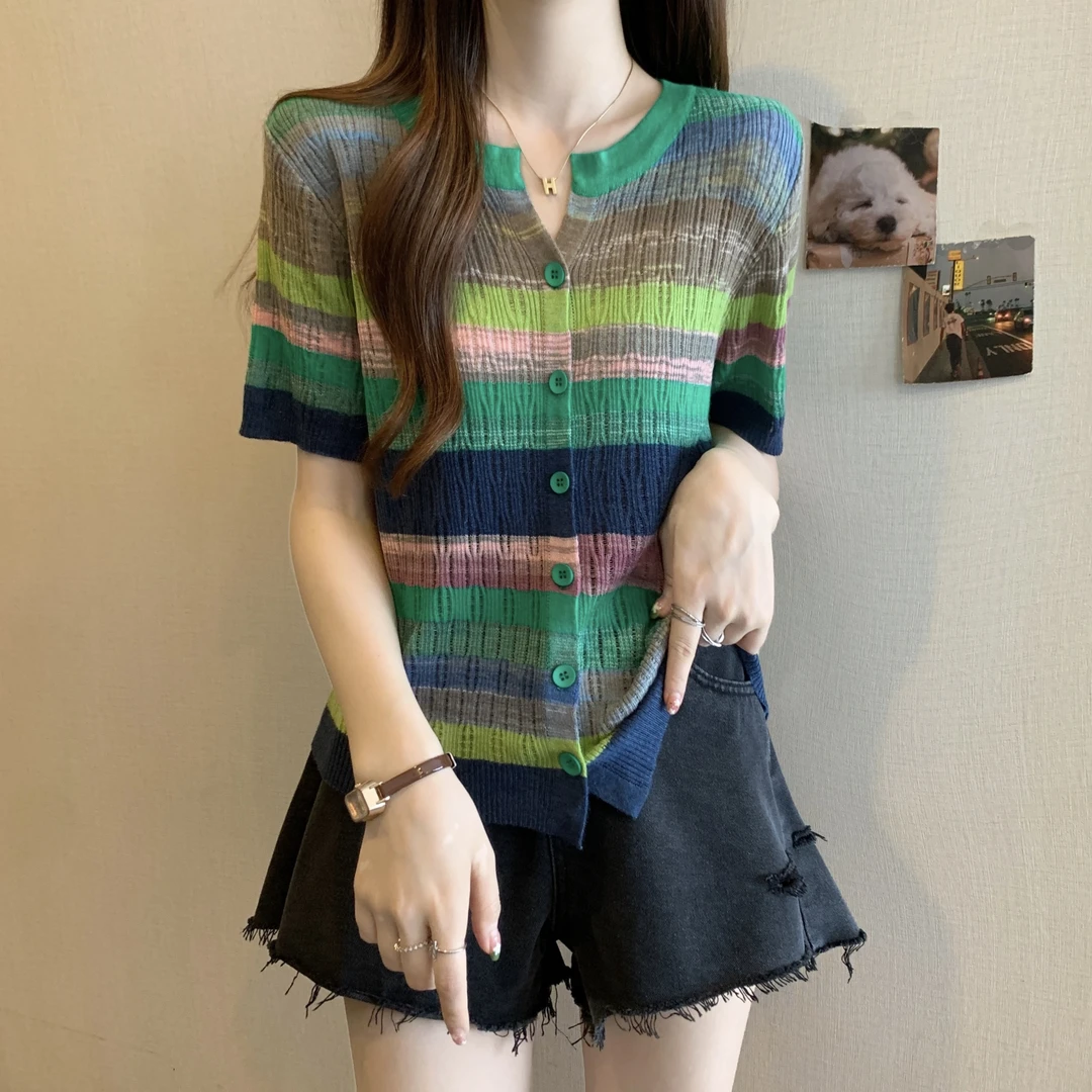 夏季大码女装胖mm薄款短袖针织开衫宽松彩虹条纹洋气减龄漂亮上衣