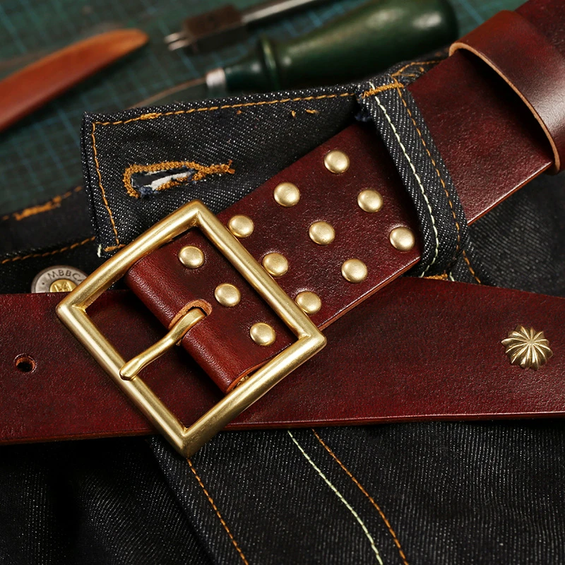 4.5CM加宽小贝方扣意大利头层牛皮手工腰带美式复古休闲皮带男士