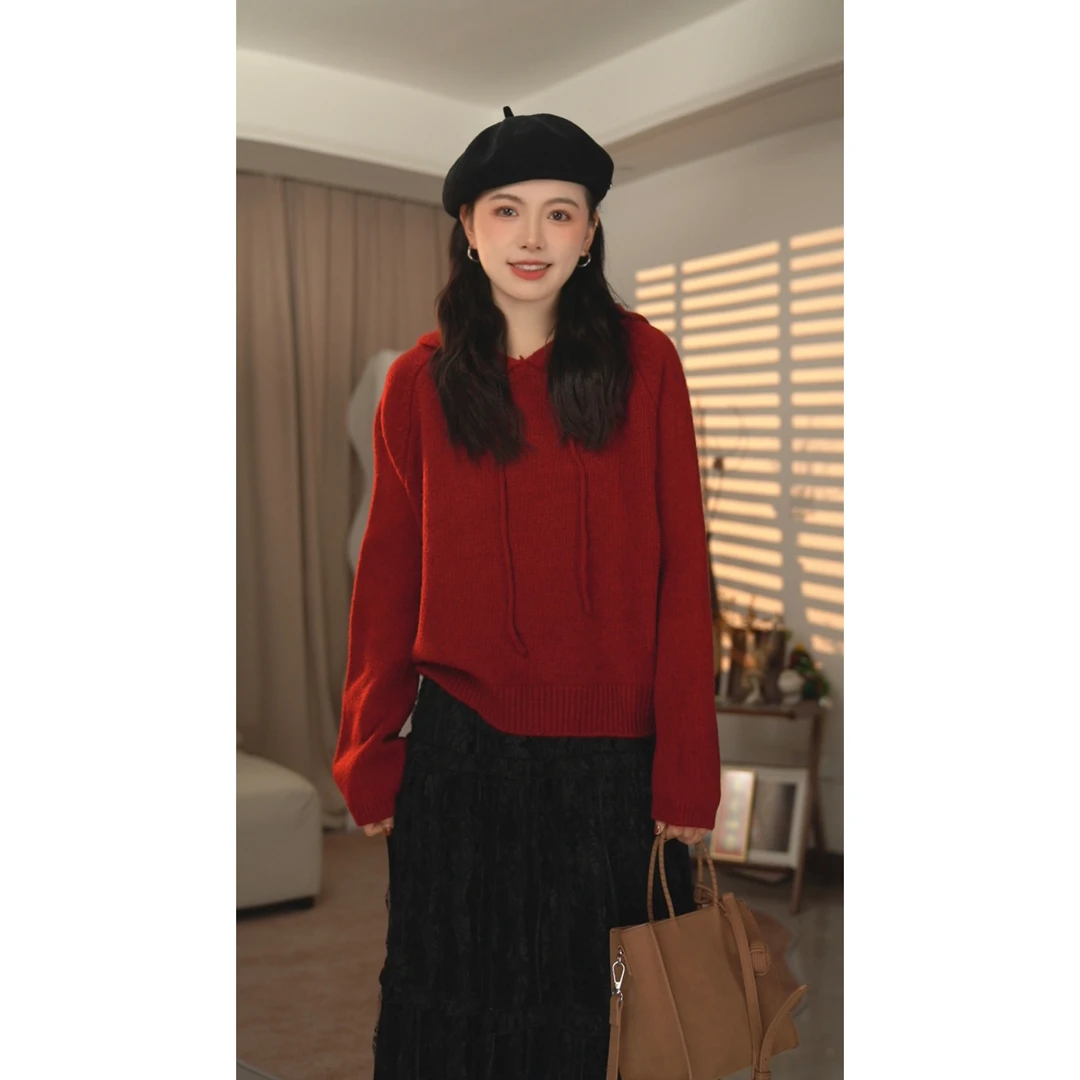 圆圆 【天线宝宝】多色款纯色连帽插肩百搭休闲袖针织衫 YY 7184