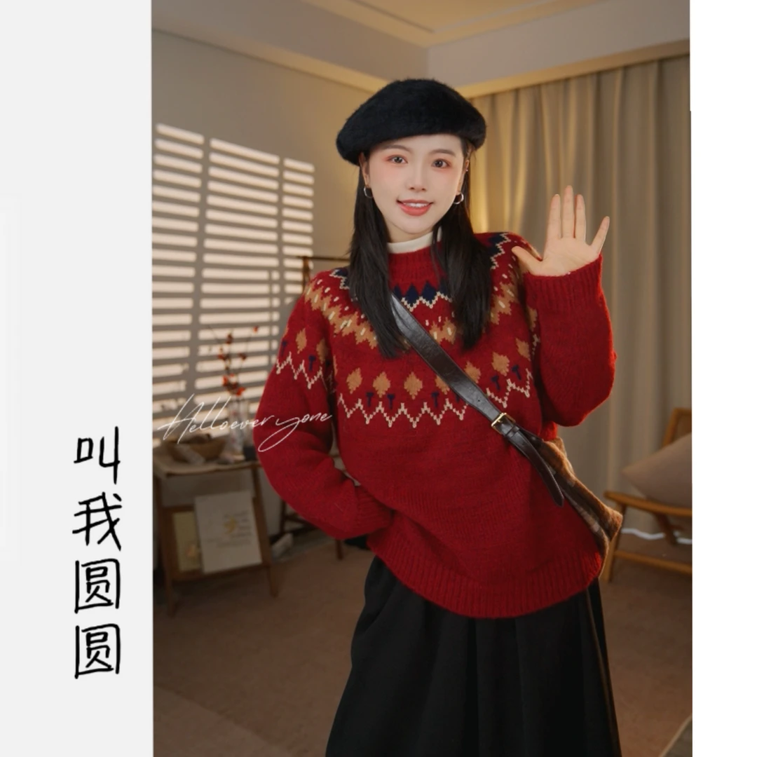 圆圆【篝火晚会】时尚百搭复古宽松圆领费尔岛氛围感毛衣 YY 9903