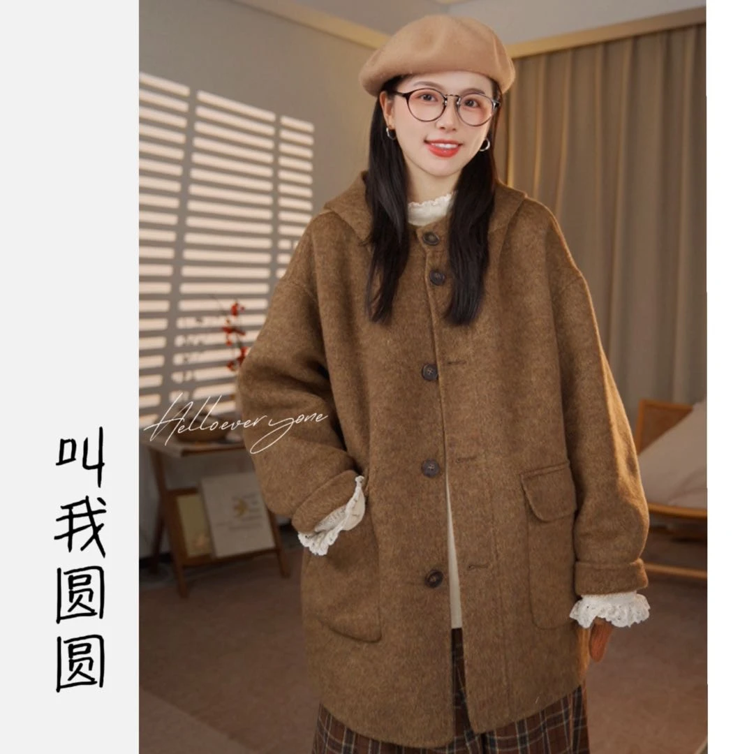 圆圆【绵羊泡芙】时尚羊毛百搭保暖秋冬简约宽松连帽外套 YY 9490