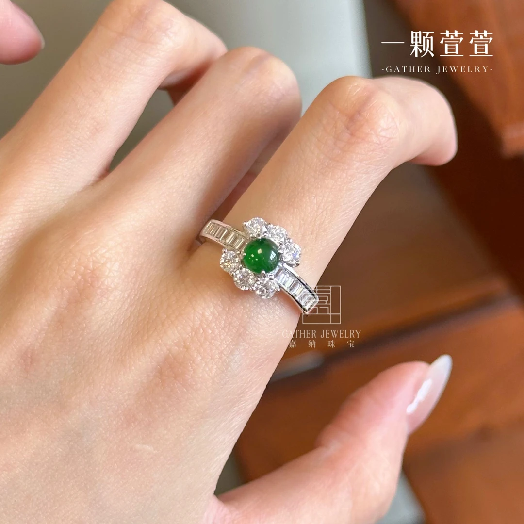 【晚塘月色】一颗萱萱翡翠蛋面银镶戒指 390921百搭精致