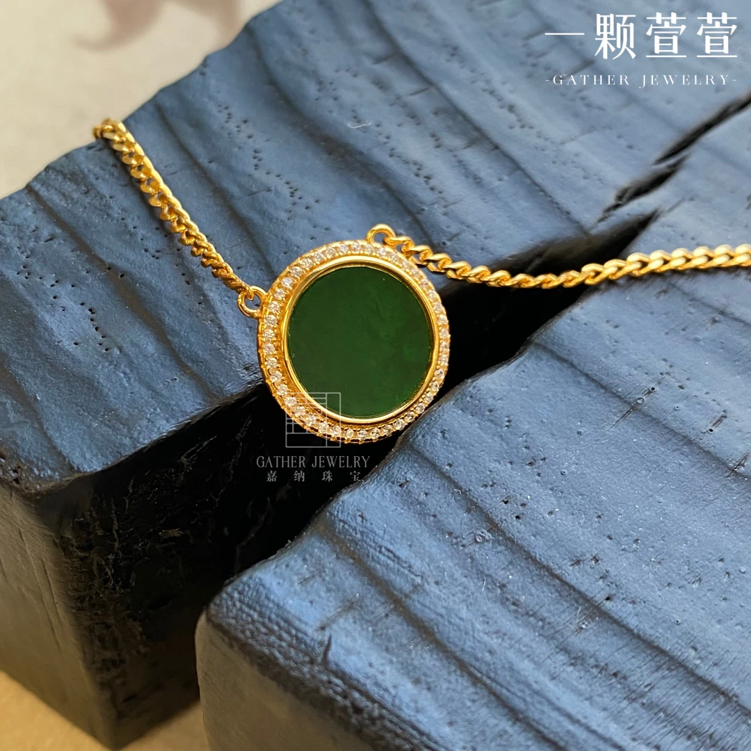 【一颗萱萱】新中式宫廷风精美银镶缅料满绿无事牌项链900011