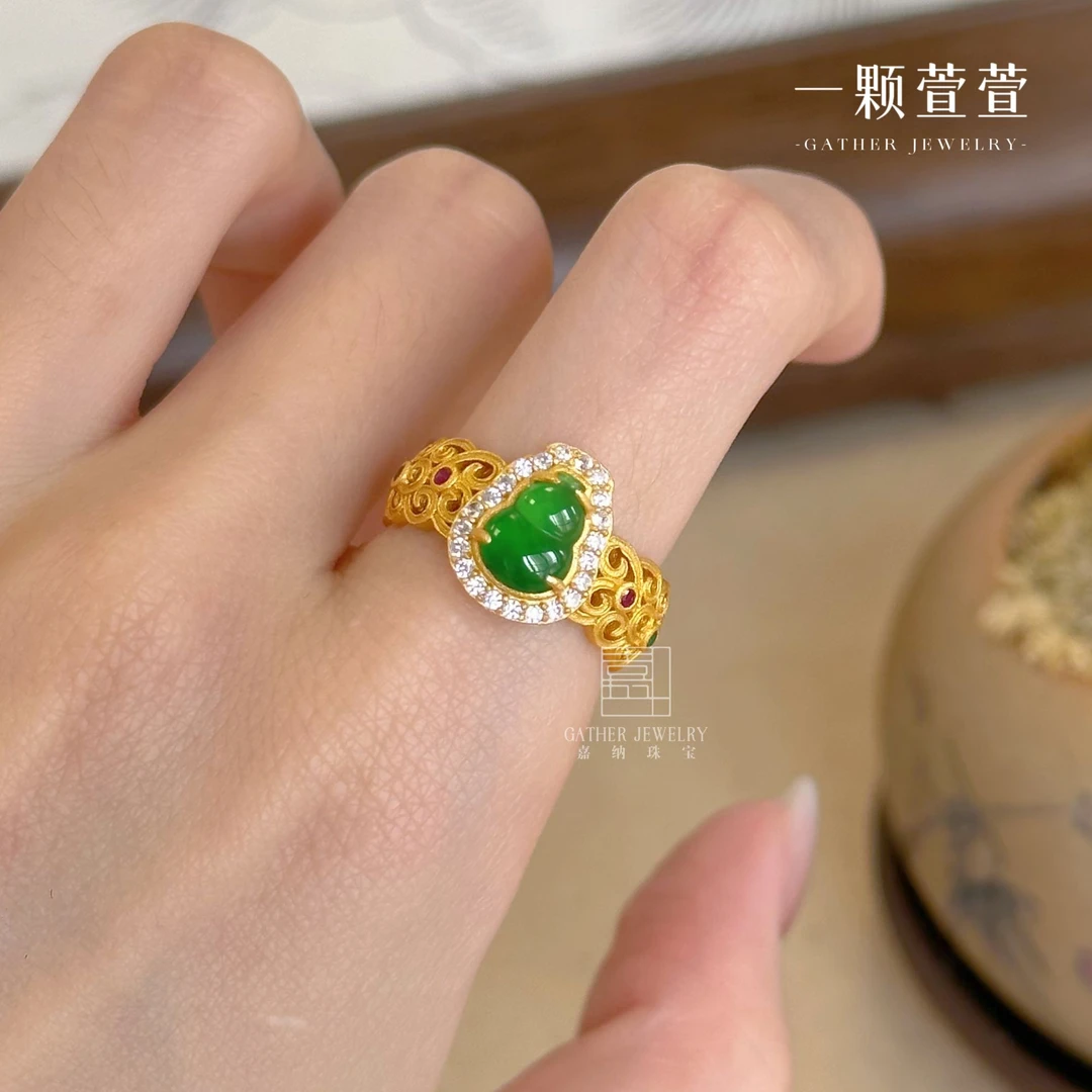 【缤纷葫芦苇】一颗萱萱葫芦戒指2.0银镶翡翠390931气质满绿花丝