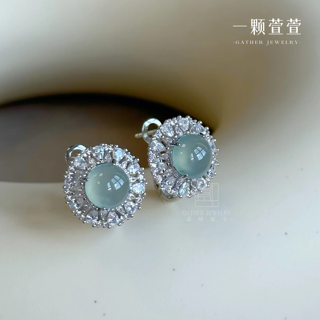 【一颗萱萱】时尚气质银镶大蛋面翡翠耳包 630015