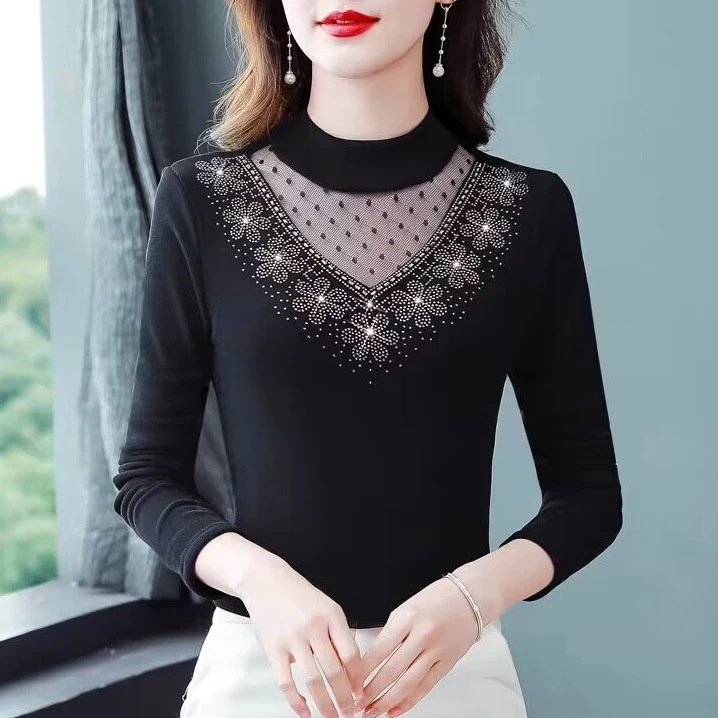 【多色多码】烫钻蕾丝网纱打底衫长袖秋冬季外穿大码加厚保暖小衫