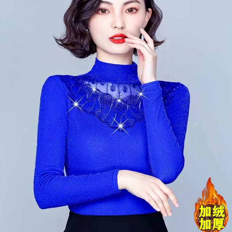 薄款/加绒高档钻网纱打底衫2023新款时尚洋气外穿内搭保暖T恤上衣