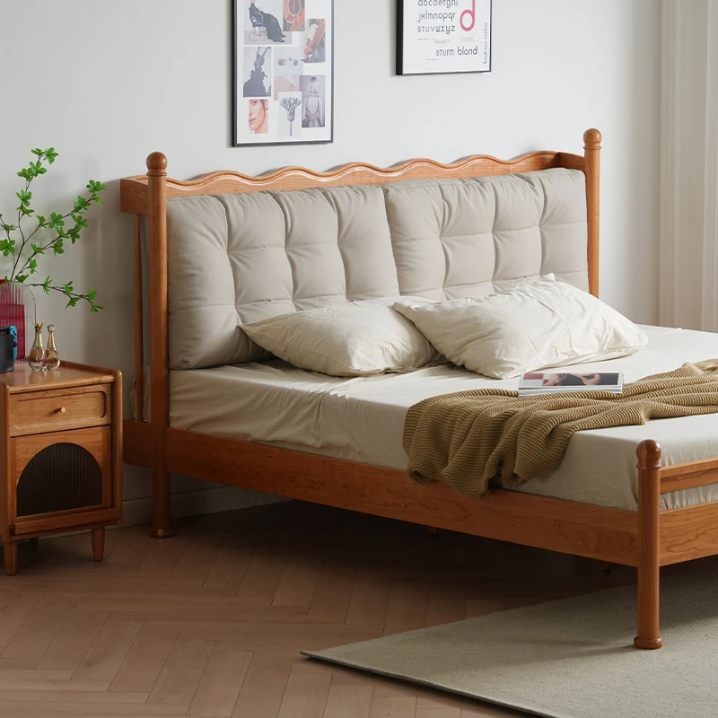 榆巷家具温莎床日式复古实木双人床全实木樱桃木原木科技皮软包床