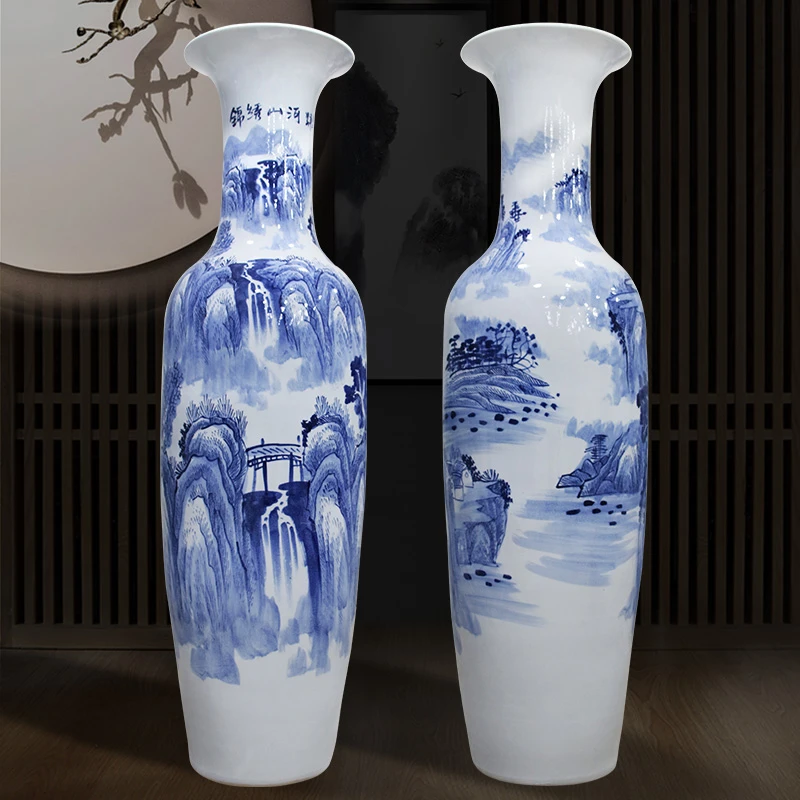 景德镇陶瓷器青花手绘瓷锦绣山河落地大花瓶别墅装饰品客厅大摆件