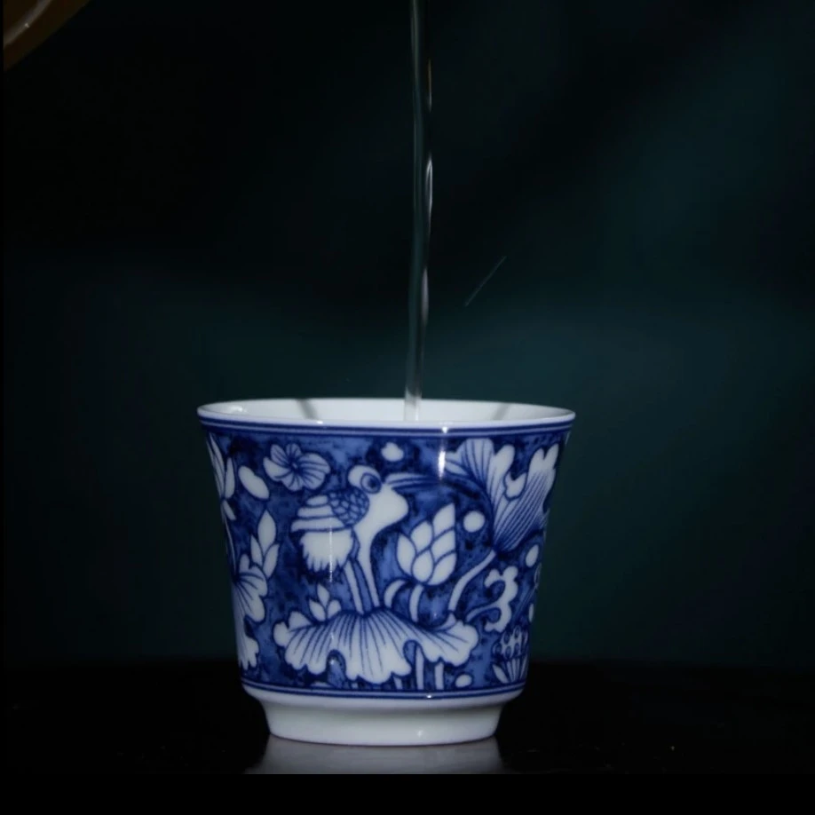 七丞堂高温青花釉下一鹭连科马蹄客杯主人杯单杯马蹄杯陶瓷