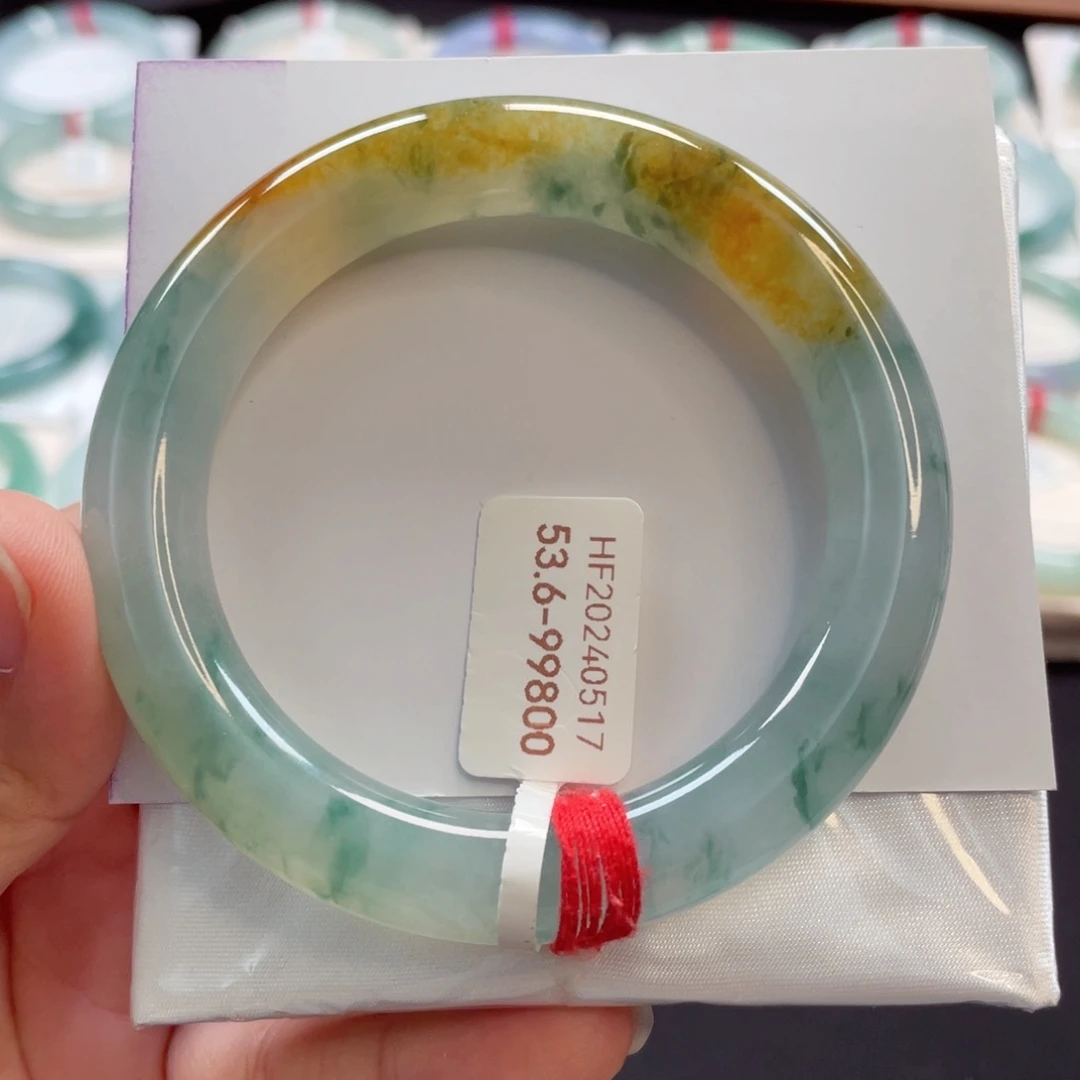 翡翠手镯未镶嵌53.6冰透绿花油画彩向日葵