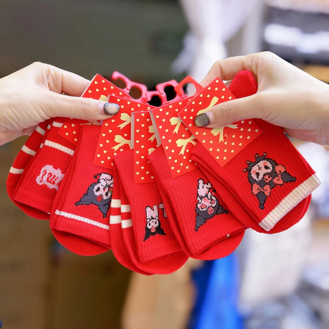 5双 红色童袜男孩女孩高品质棉袜秋冬季卡通百搭本命年儿童中筒袜