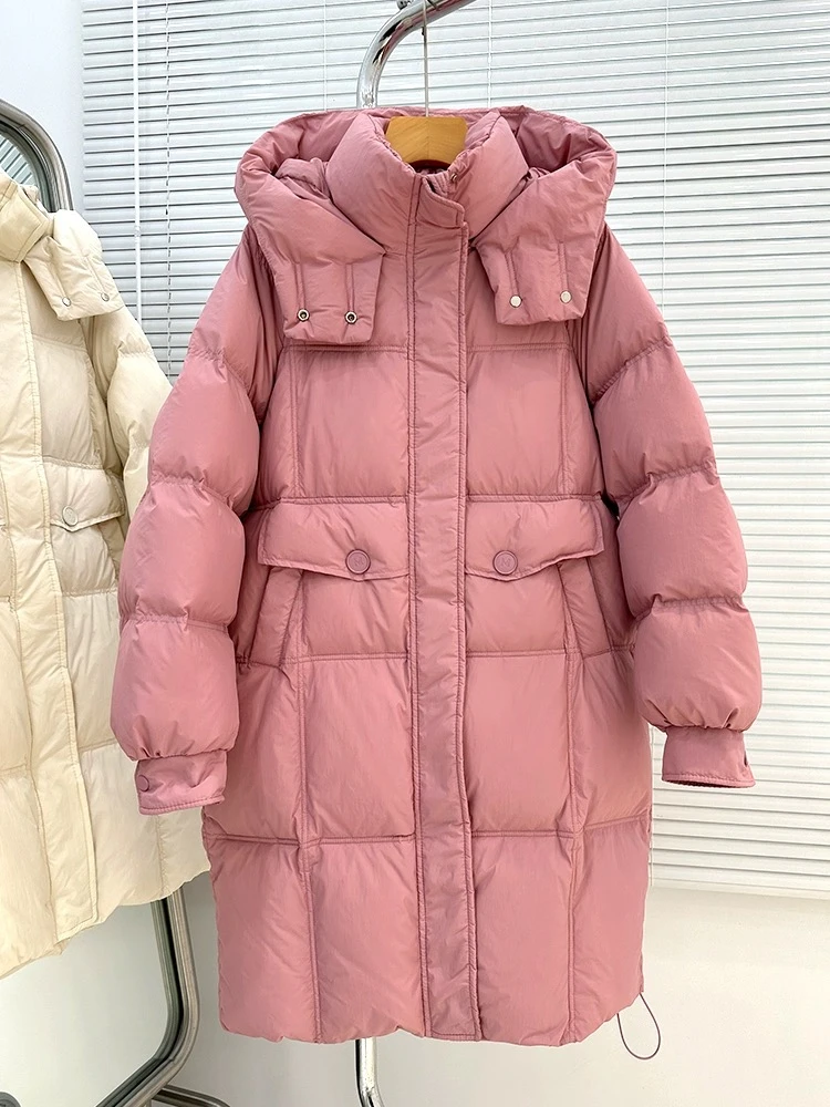 新款大朵白鸭绒新款韩版字母纽扣中长款时尚宽松大口袋白鸭绒