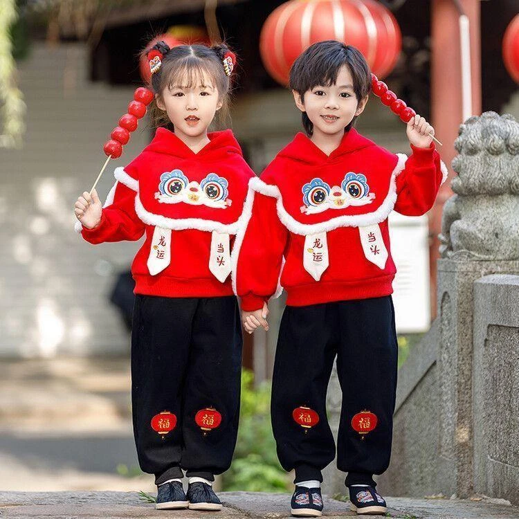 男女童秋冬季刺绣加绒喜庆红色套装拜年服中国风唐装加厚演出服潮