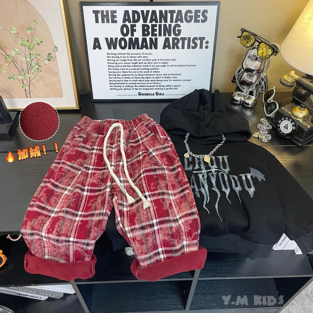 儿童一体绒套装冬季上衣裤子韩版宝宝洋气连帽卫衣格子裤两件套潮