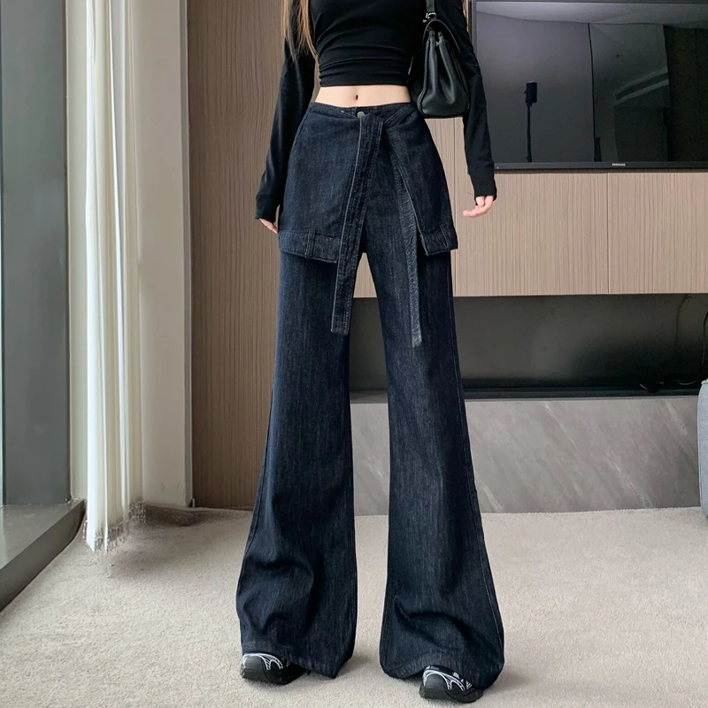设计感可拆卸假两件牛仔阔腿裤女秋季宽松高腰显瘦百搭拖地长裤潮