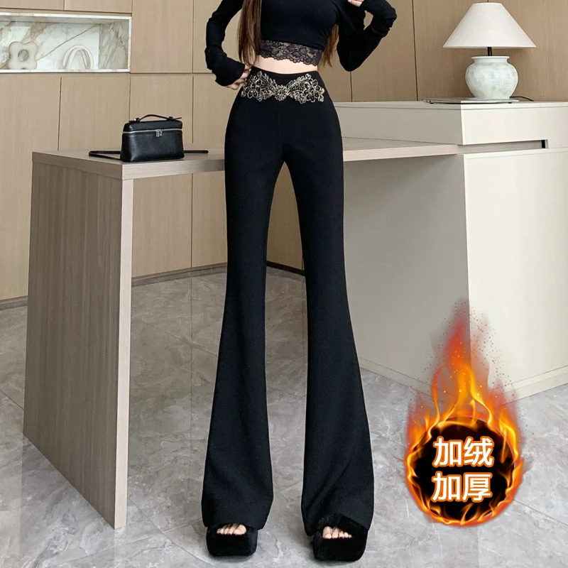 复古重工刺绣微喇西装裤女秋冬新款加绒高腰显瘦垂坠感休闲拖地裤