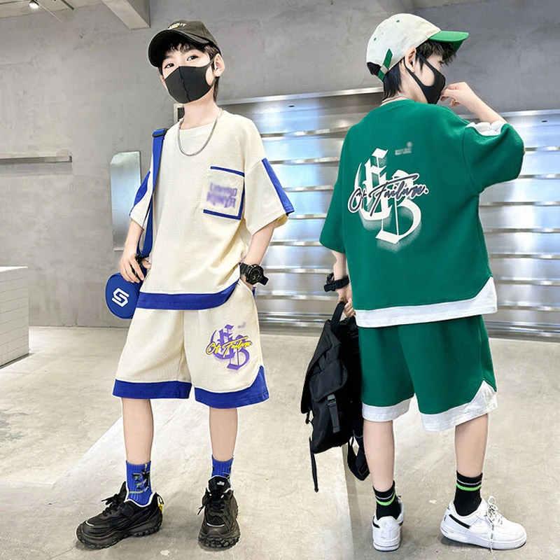 男童夏装短袖套装华夫格2025时髦6-12岁中大童帅气男孩夏季炸街潮