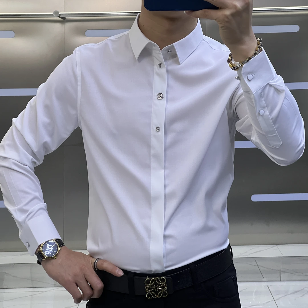 男士新款新面料2色衬衫休闲时尚印花长袖潮流韩版白色帅气休闲