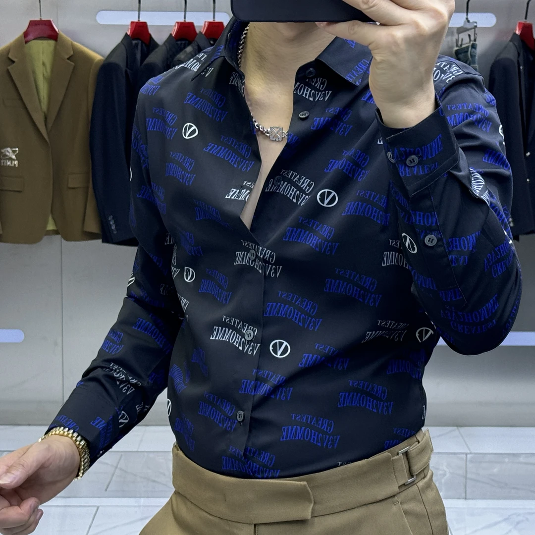 男士秋季新款百搭时尚休闲数码印花长袖衬衫春秋衬衣网红春季潮流