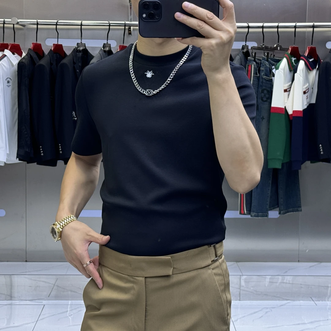 男士新款高弹力简约纯色休闲潮流打底轻奢短袖打底衫上衣