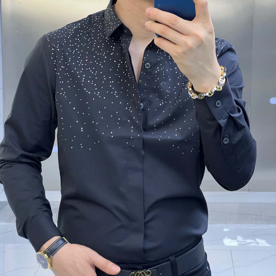 男士新款满天星满钻衬衫衬衣时尚休闲修身弹力秋季潮流春季百搭