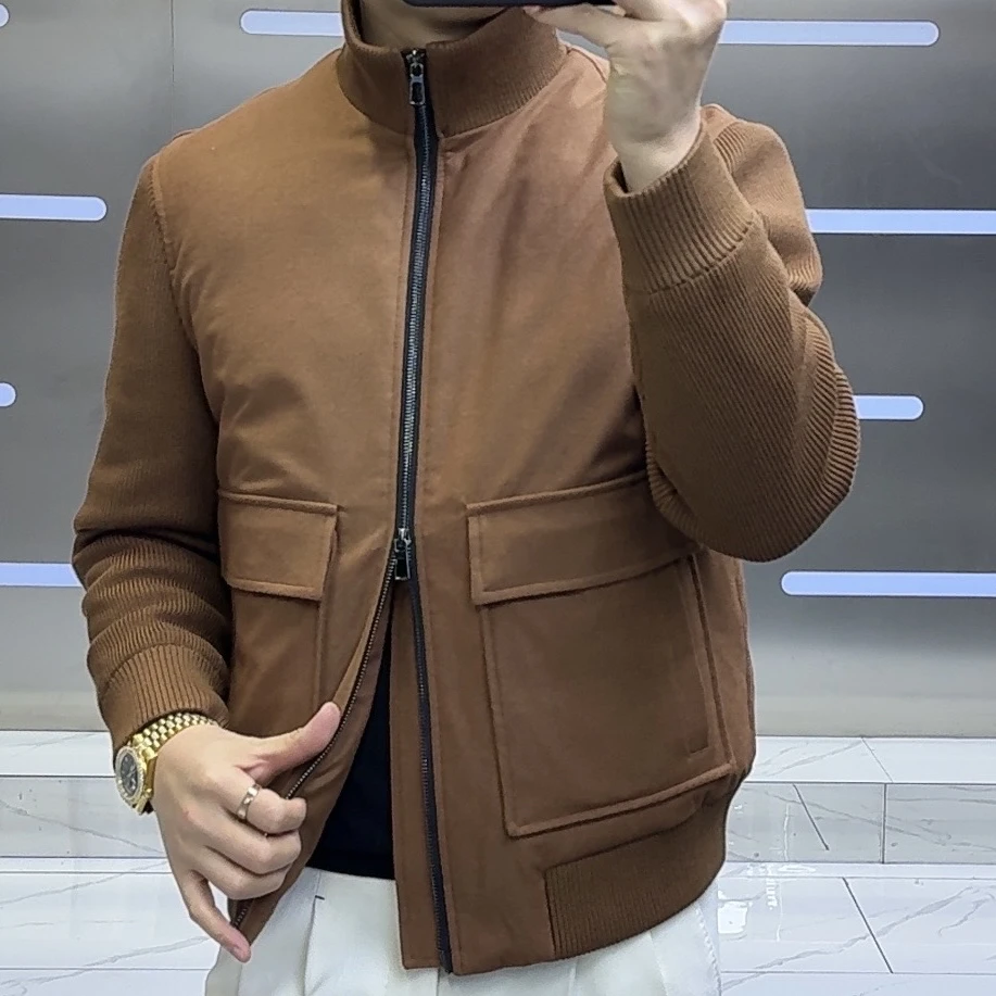 男士羊毛针织羽绒服夹克立领螺纹下摆冬季秋冬上衣男士简约修身