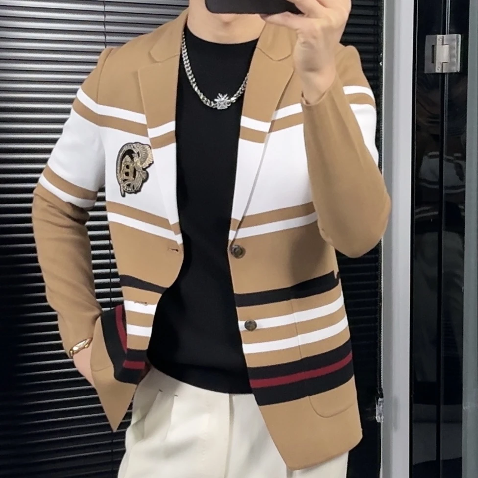 男士秋冬弹力小西装休闲时尚条纹修身秋季轻奢商务高品质潮流