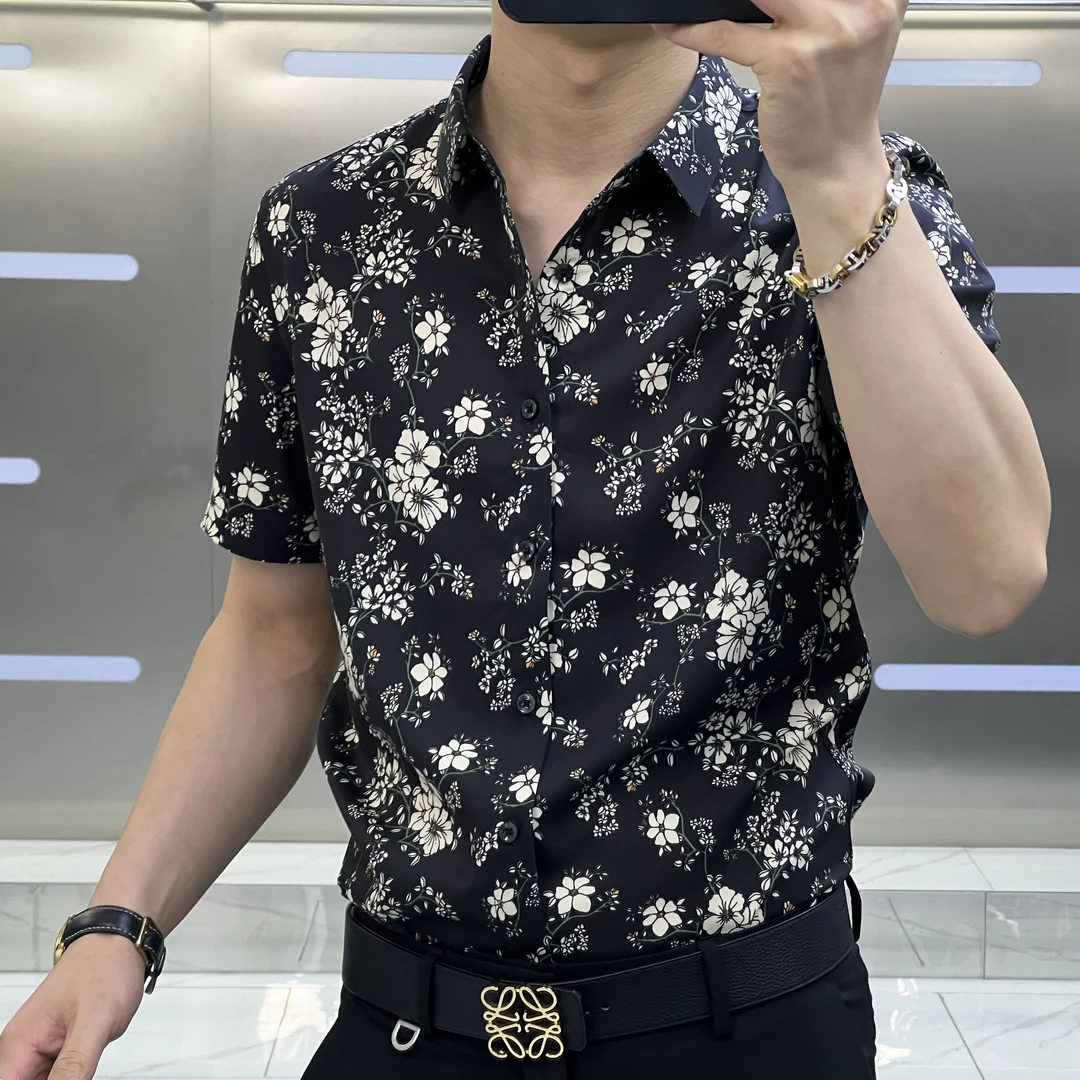男士夏季新款印花上衣薄款百搭潮流时尚衬衫衬衣轻奢休闲痞帅修身