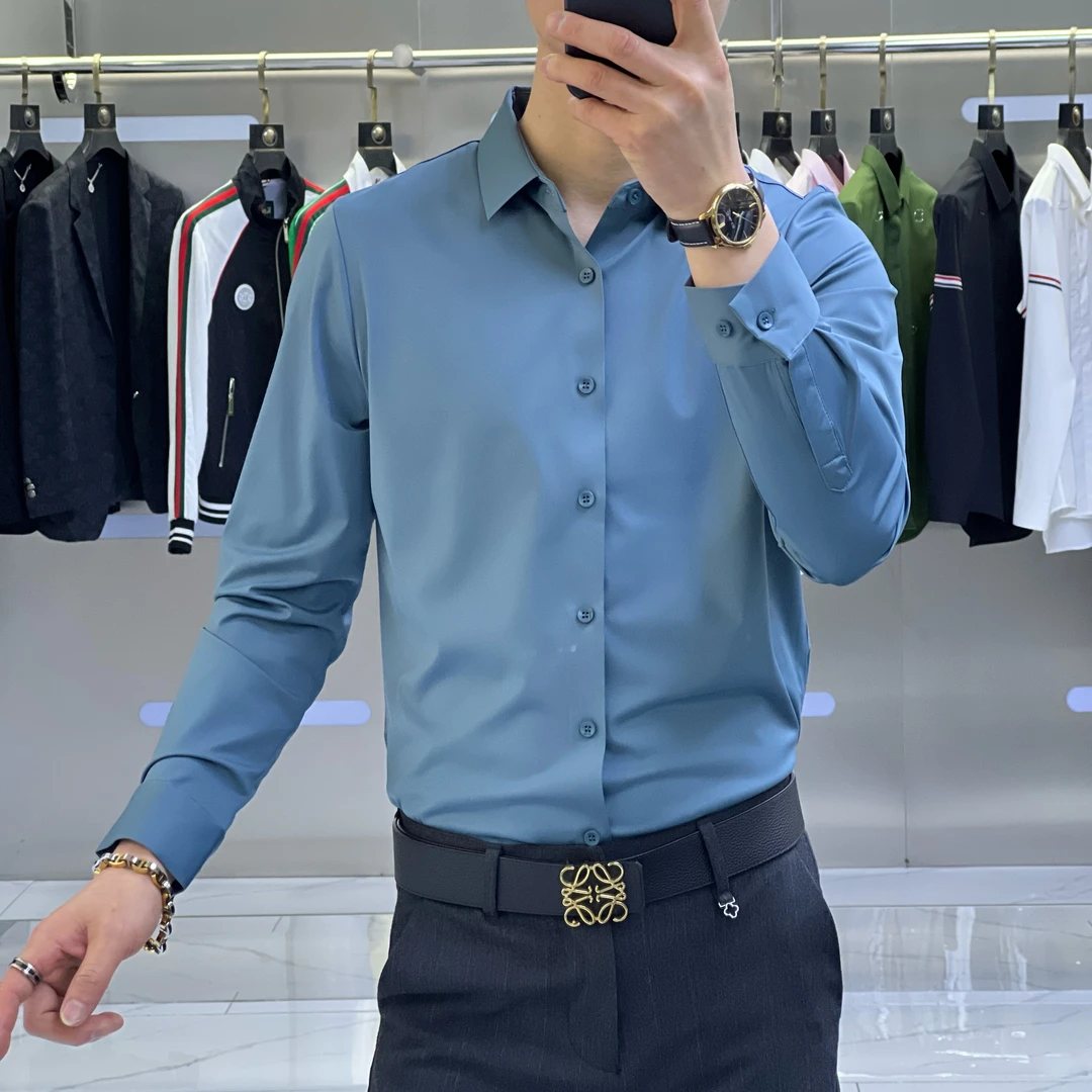 男士秋冬高弹力4色衬衫长袖轻奢休闲商务纯色衬衣百搭潮流修身