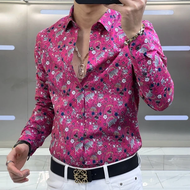 男士春款数码立体印花时尚潮流修身百搭碎花上衣