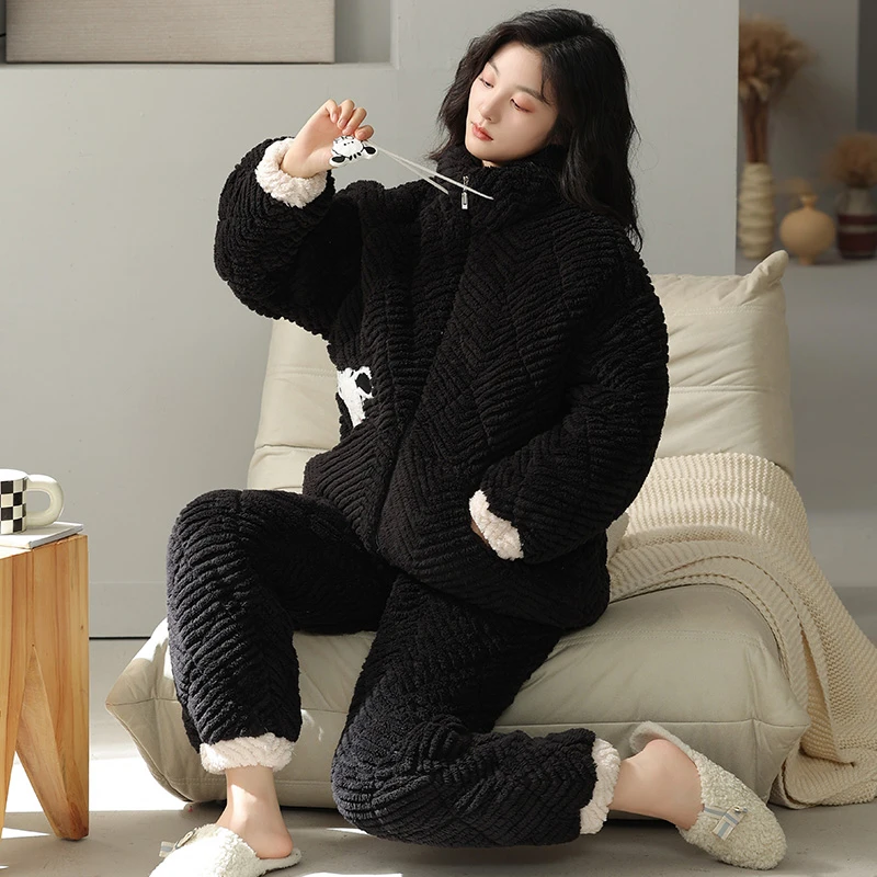 纯禧珊瑚绒夹棉睡衣冬天冬季加厚加绒家居服套装法兰绒大码秋冬款