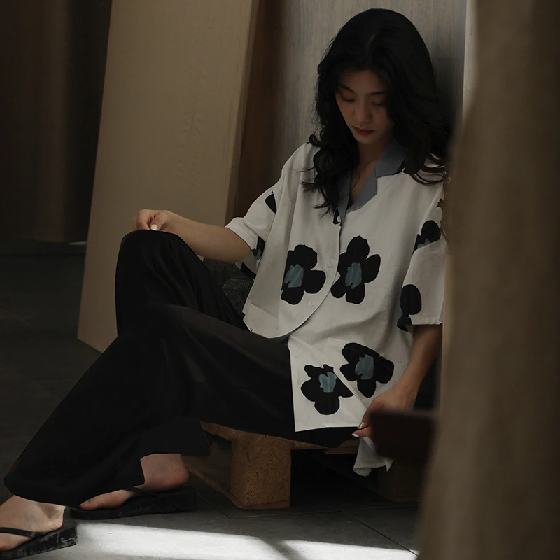 睡衣简约短袖长裤春秋季大码宽松夏季可爱家居服两件套装春秋网红