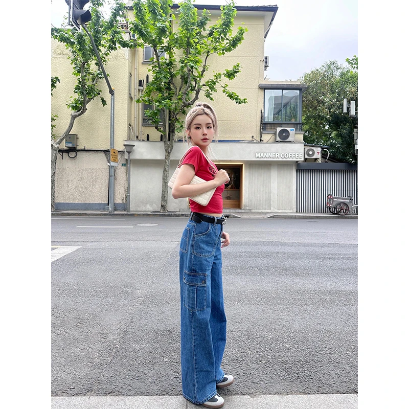 Mungs1027「工装牛仔裤」原创辣妹高腰显腿长复古口袋轻奢牛仔裤