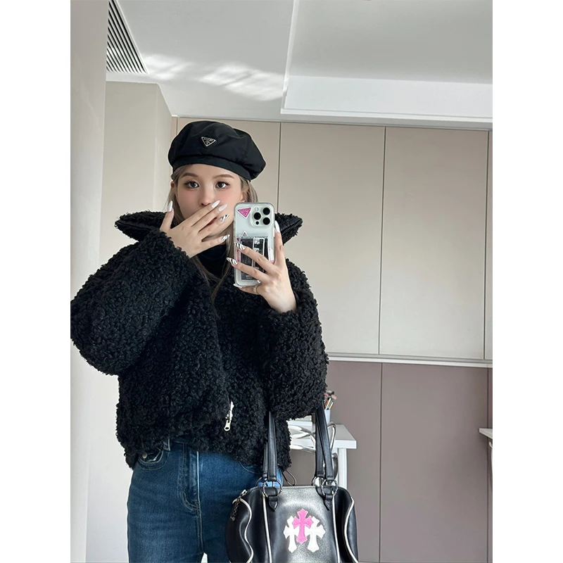 Mungs1027「双面穿」定制辣妹羊羔毛保暖短款大翻领黑色厚外套