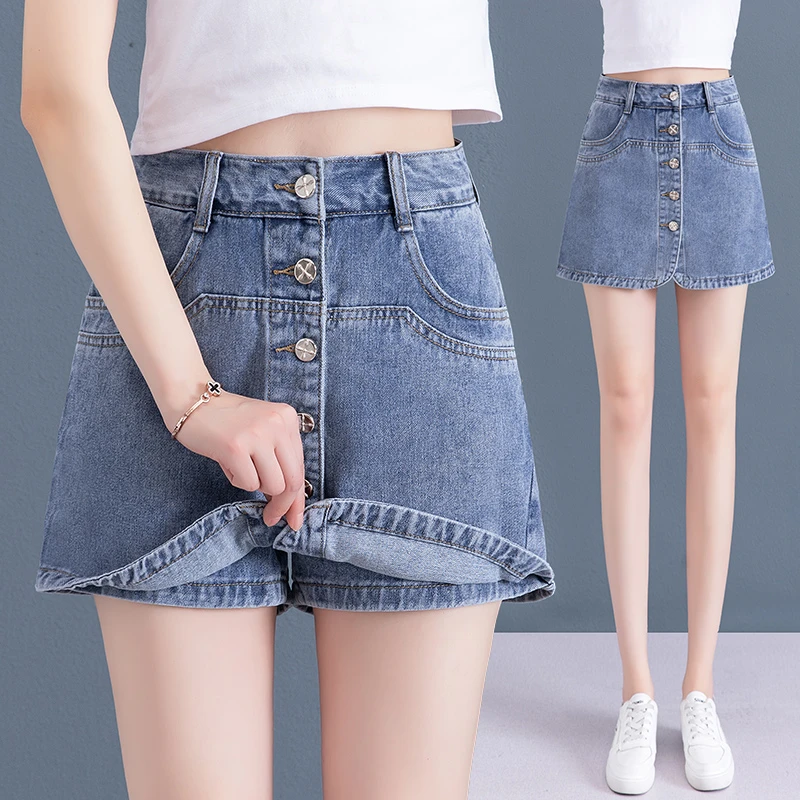 牛仔短裤裙女夏季薄款高腰显瘦宽松韩版热裤子开叉时尚显瘦半身裙