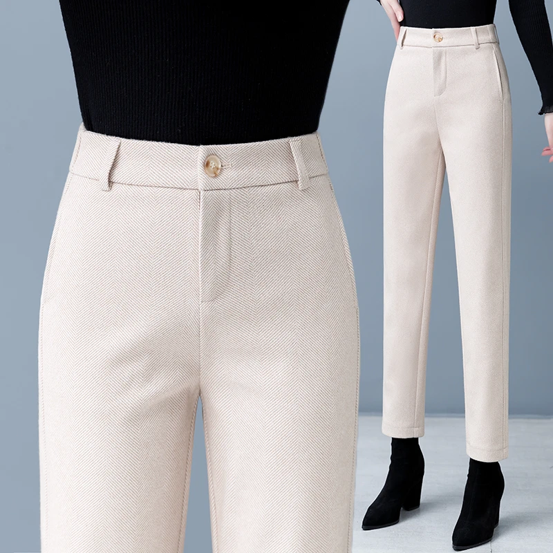 加厚毛呢哈伦裤女秋冬季2024新款显瘦高腰休闲裤小脚直筒烟管裤子