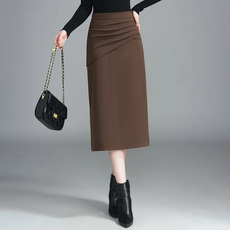 咖色毛呢褶皱半身裙女秋冬2024新款气质高腰显瘦中长款Aa字包臀裙