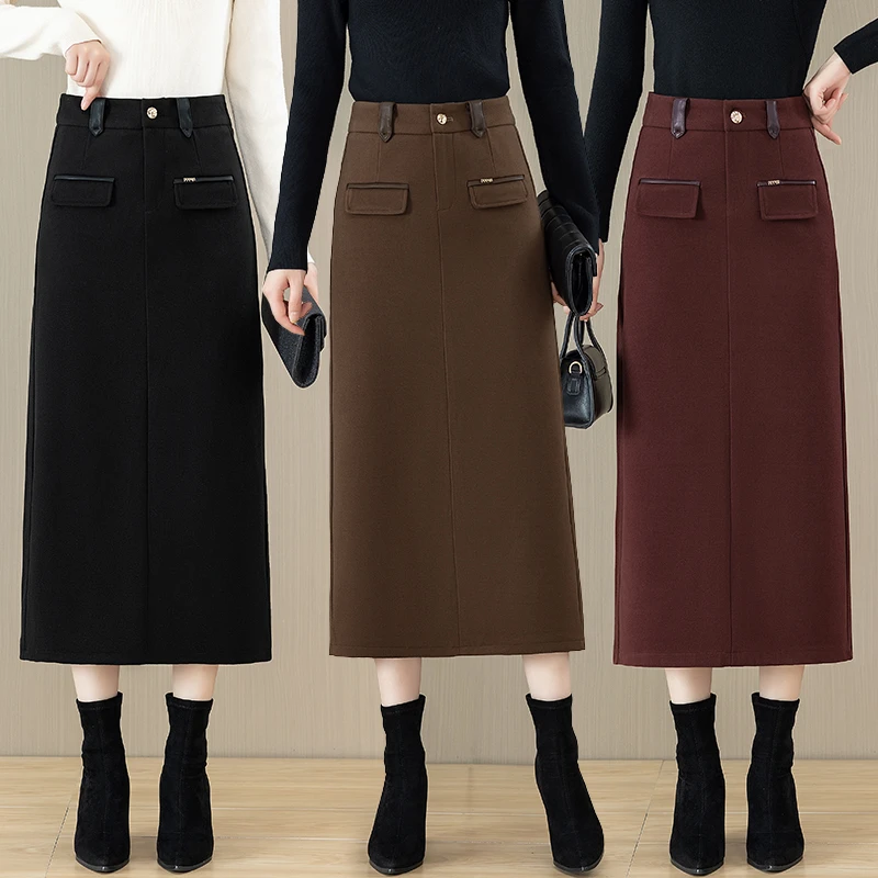 毛呢半身裙女秋冬2024新款时尚高腰中长款过膝开叉直筒一步包臀裙