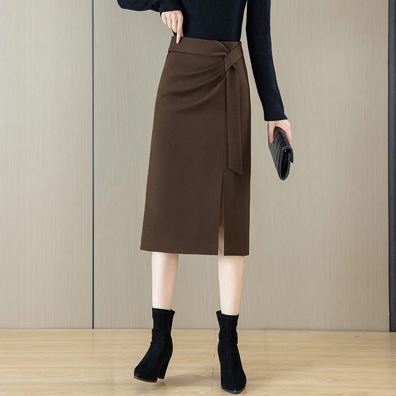 不规则毛呢半身裙女秋冬2024新款气质高腰Aa字中长款开叉包臀裙子