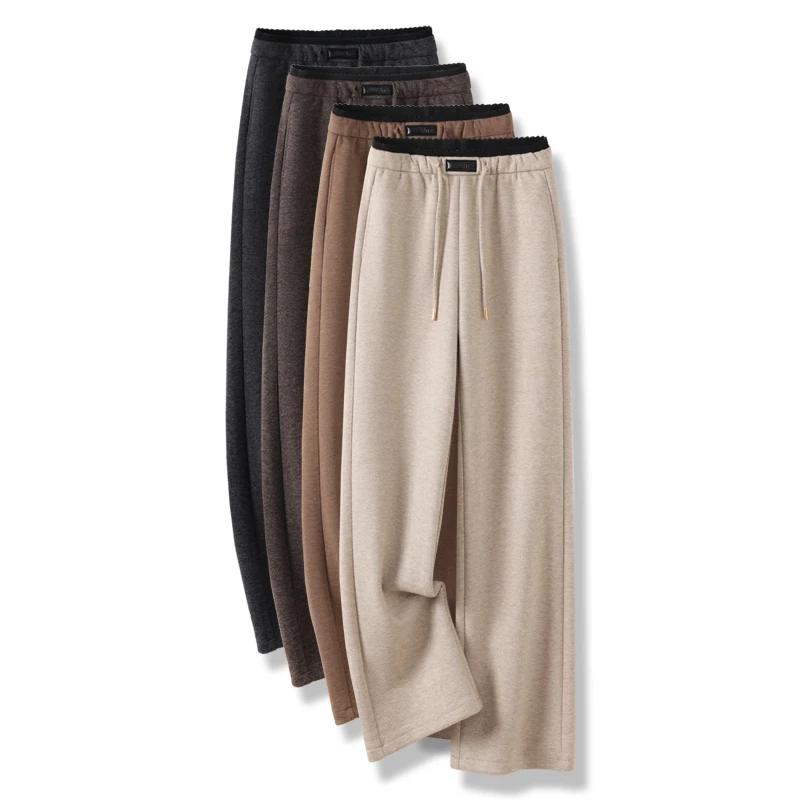 松紧腰羊毛呢休闲阔腿裤女2024秋冬新款高腰宽松显瘦垂感直筒裤子