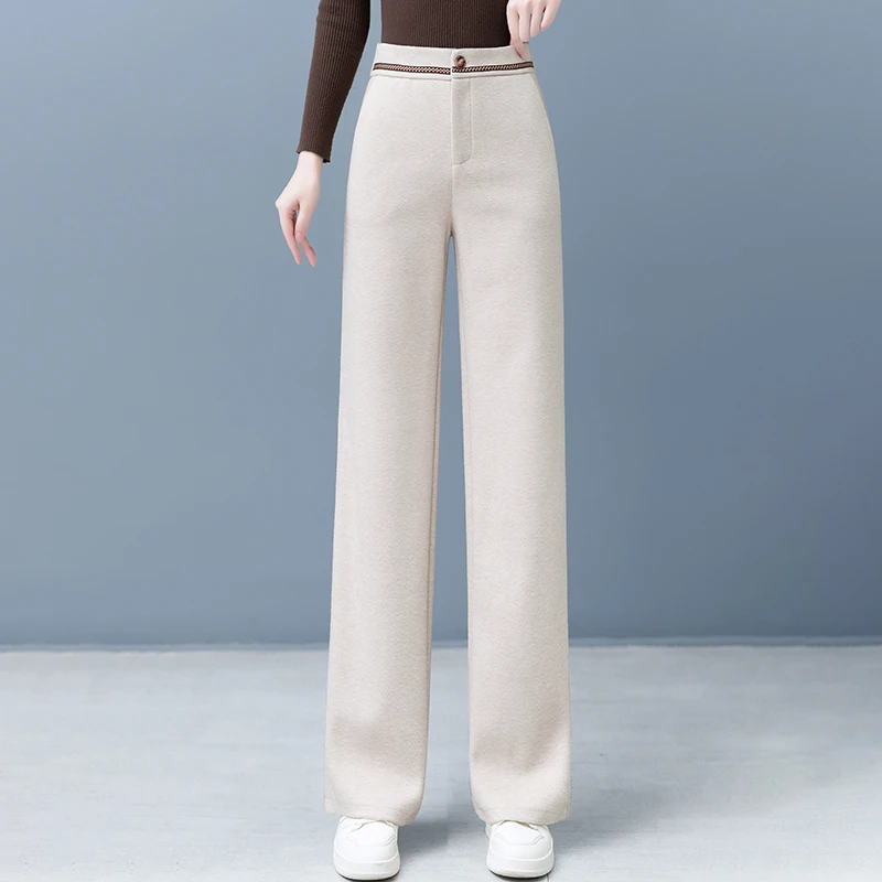 羊毛呢阔腿裤女秋冬季2023新款高腰宽松加厚垂感显瘦百搭直筒裤子