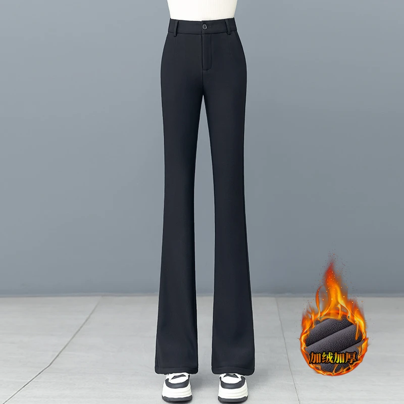 黑色加绒加厚微喇裤女冬季2025新款高腰修身显瘦垂感西装喇叭裤子