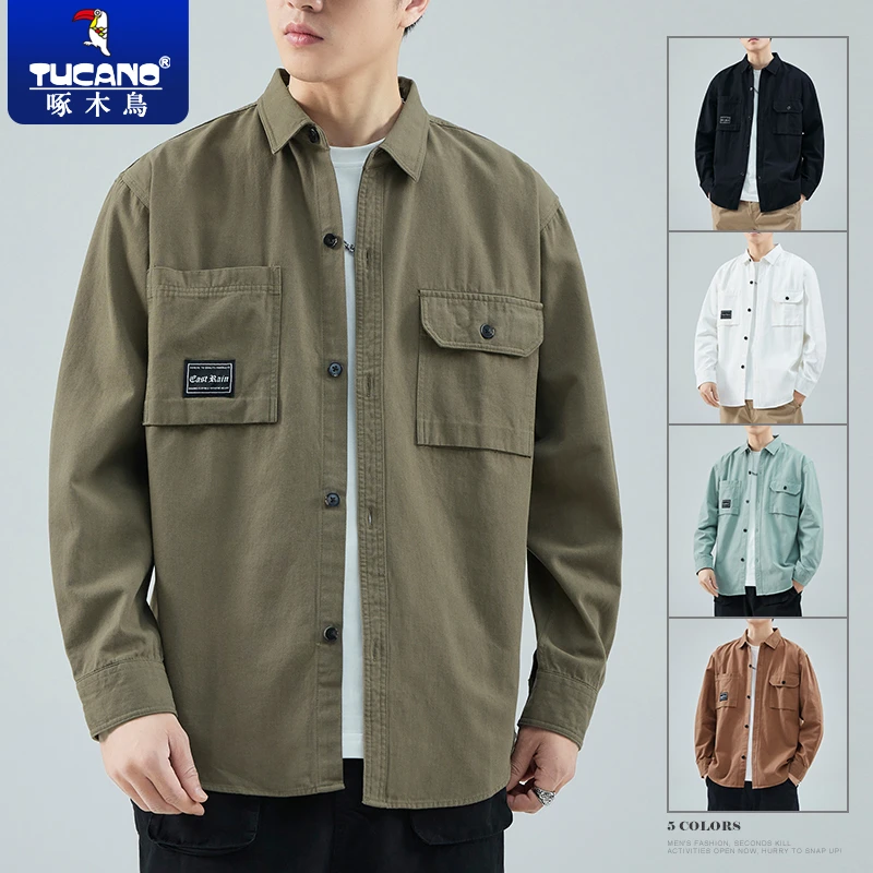啄木鸟韩版宽松纯棉衬衫工装外套男款春秋季长袖开衫百搭男士衬衣