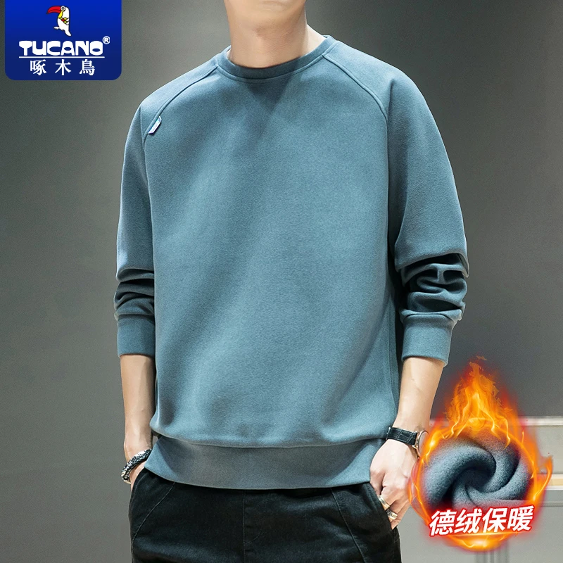 啄木鸟高档双面德绒卫衣男士秋冬季爆款内搭保暖打底衫简约长袖男