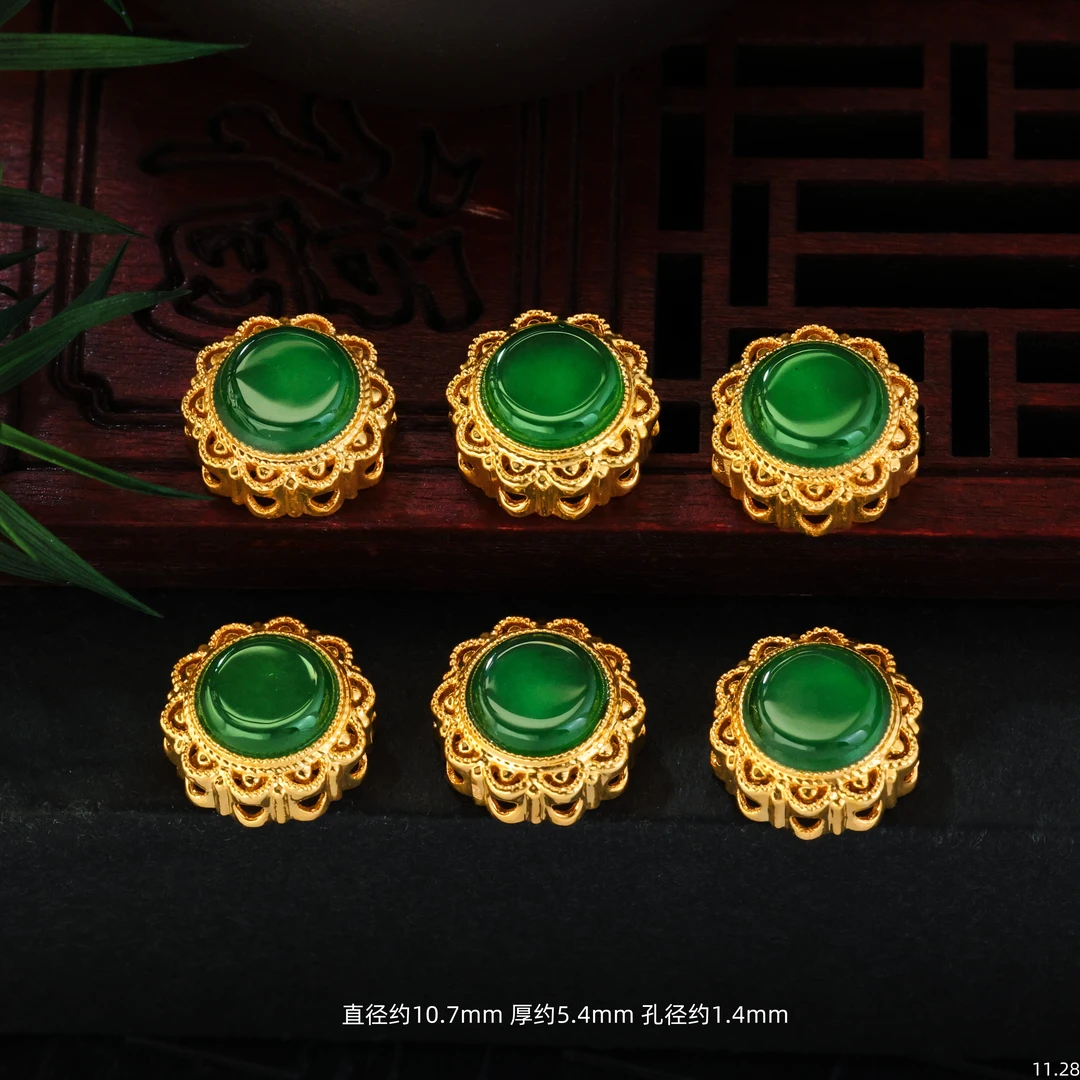 【金豆工厂】18K金镶太阳花缅A翡圆牌隔珠蛋面背云H